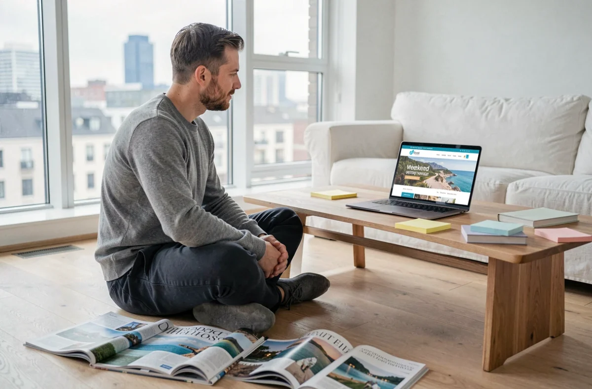 Homme organisant ses loisirs et escapades depuis son salon avec magazines et ordinateur portable