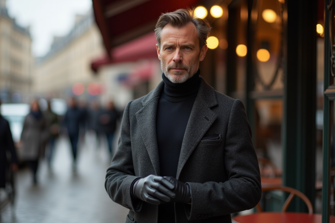 Homme élégant en manteau et gants près d'un café parisien
