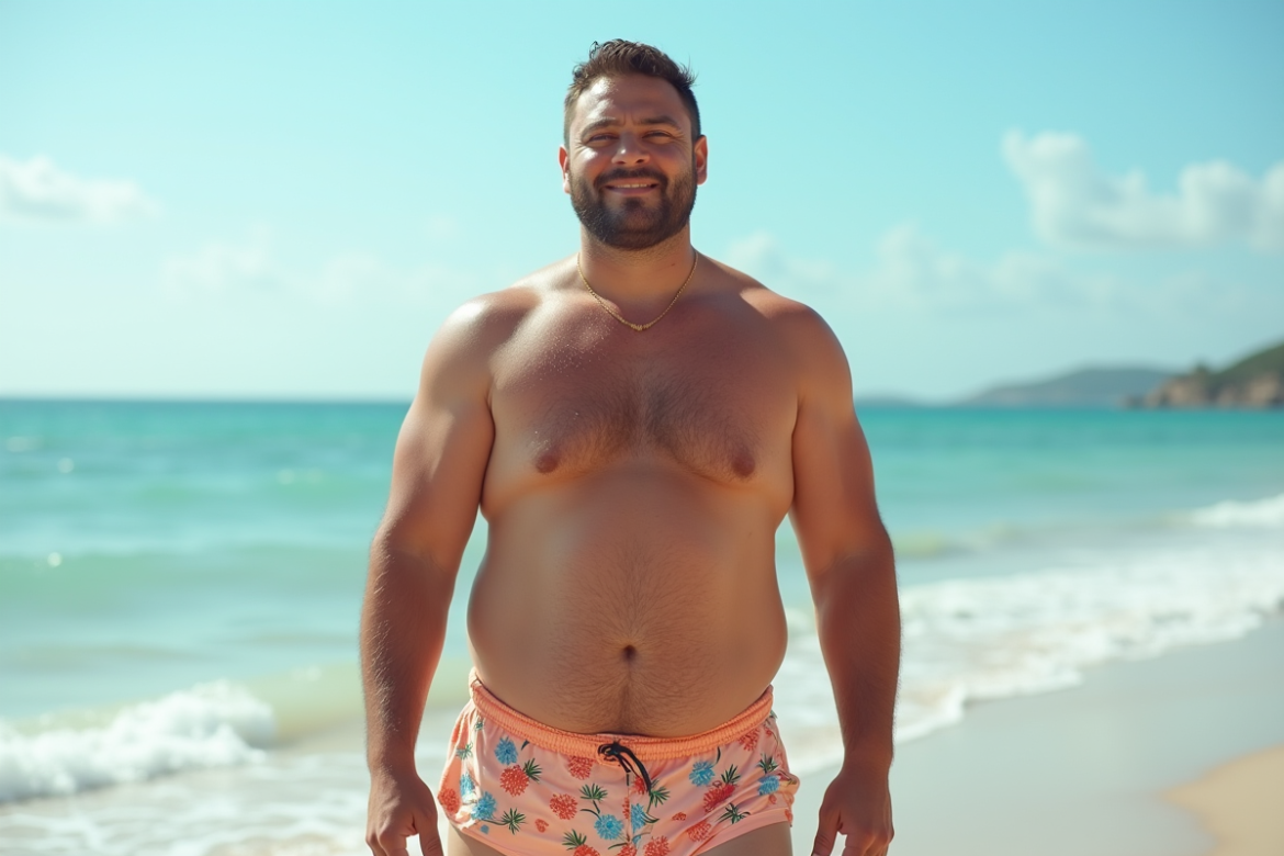 Homme plussize souriant sur la plage en maillot
