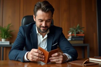 Homme en blazer marine personnalisant un portefeuille en cuir avec monogramme sur un bureau en bois