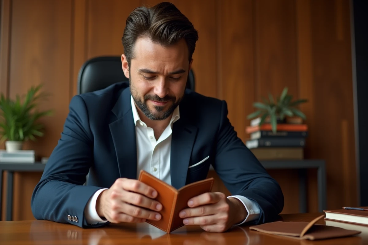 Homme en blazer marine personnalisant un portefeuille en cuir avec monogramme sur un bureau en bois