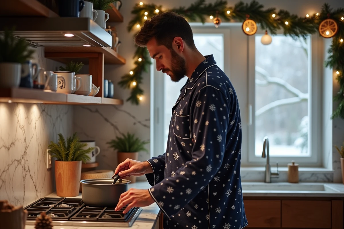 Homme adulte en pyjama pilou-pilou bleu marine à motifs flocons de neige préparant un chocolat chaud dans une cuisine décorée de Noël