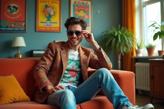 Homme en tenue 1980s avec lunettes colorées dans un salon vintage