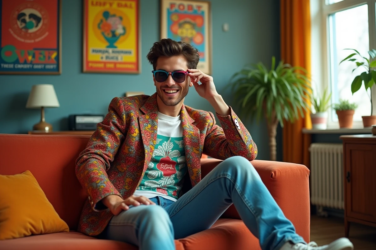 Homme en tenue 1980s avec lunettes colorées dans un salon vintage