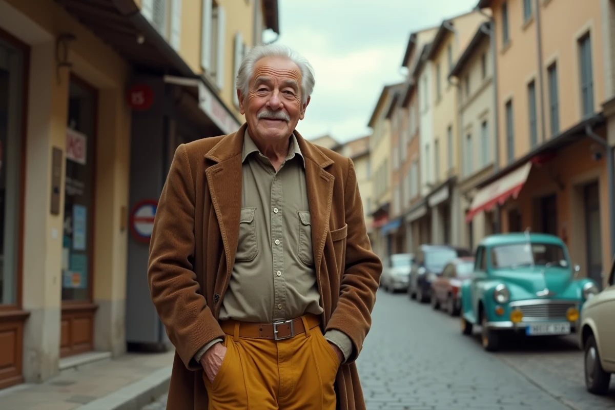 Homme senior en tenue typique des années 70 dans une rue pavée d'une ville française