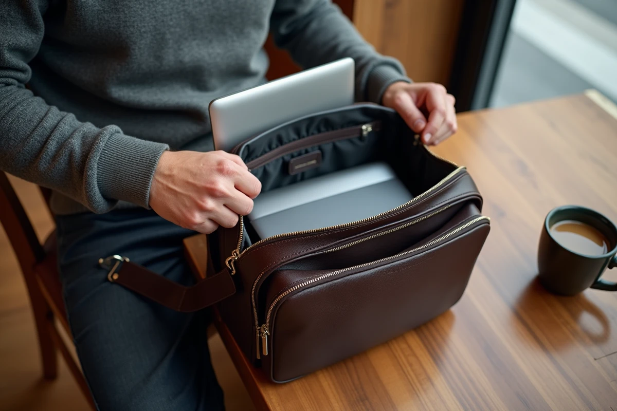 Homme ouvrant une grande sacoche en cuir marron dans un café pour accéder à son ordinateur portable