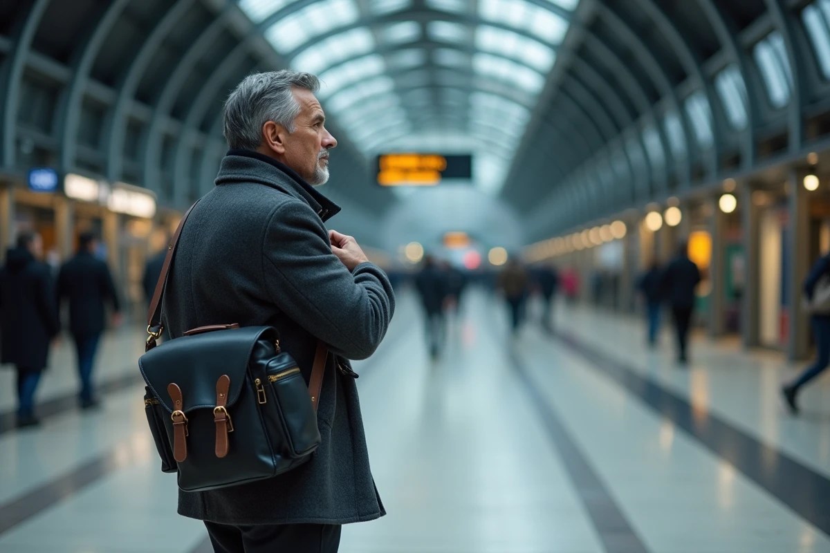 Homme ajustant sa grande sacoche en toile cirée noire dans une gare moderne lors d'un déplacement