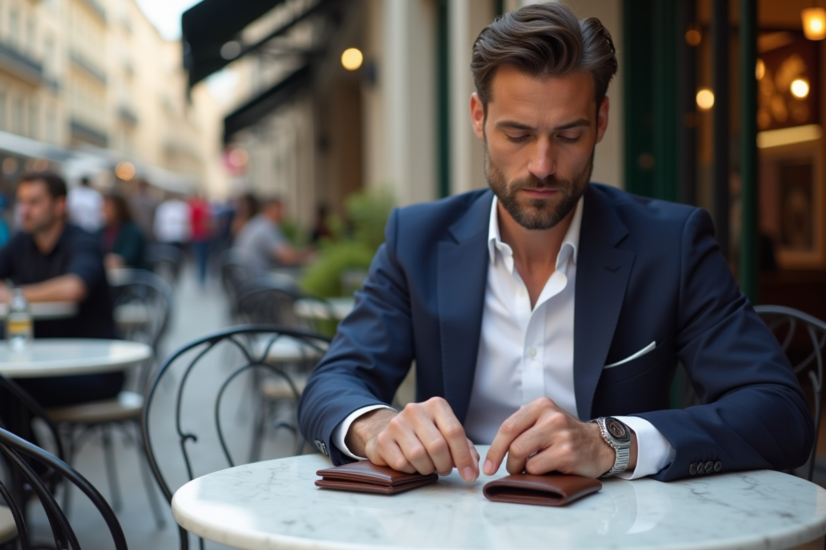 Homme en costume compare portefeuilles en terrasse parisienne