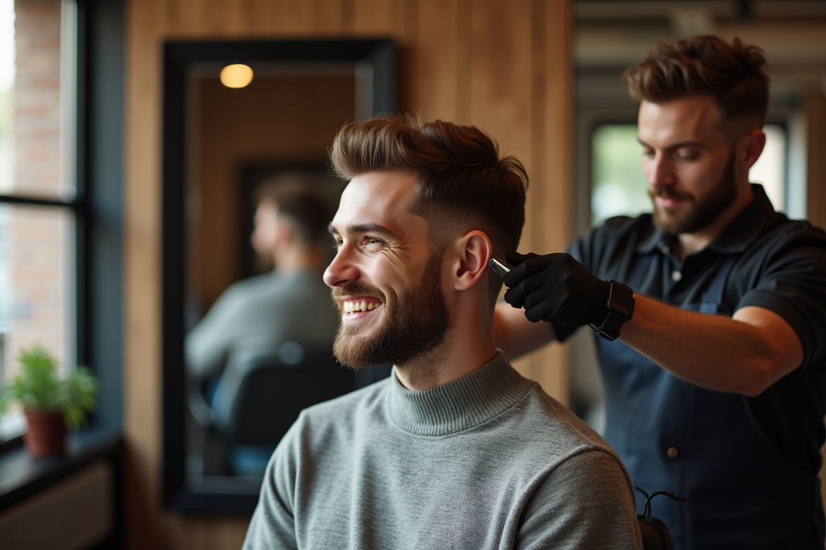 Homme souriant dans un salon de coiffure moderne