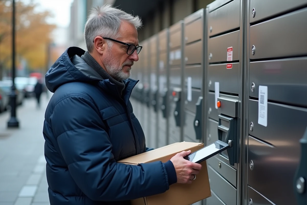 Homme avec veste et lunettes scannant un code QR devant un casier