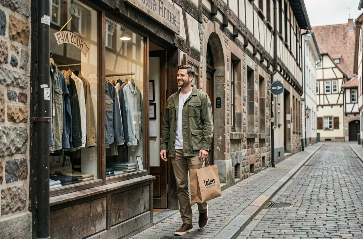 Jeune homme sortant d'une friperie strasbourgeoise avec un sac shopping, portant une veste cargo vintage dans une rue pavée alsacienne