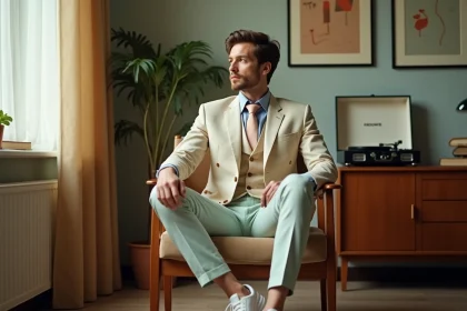 Homme en costume pastel vintage dans un intérieur cosy