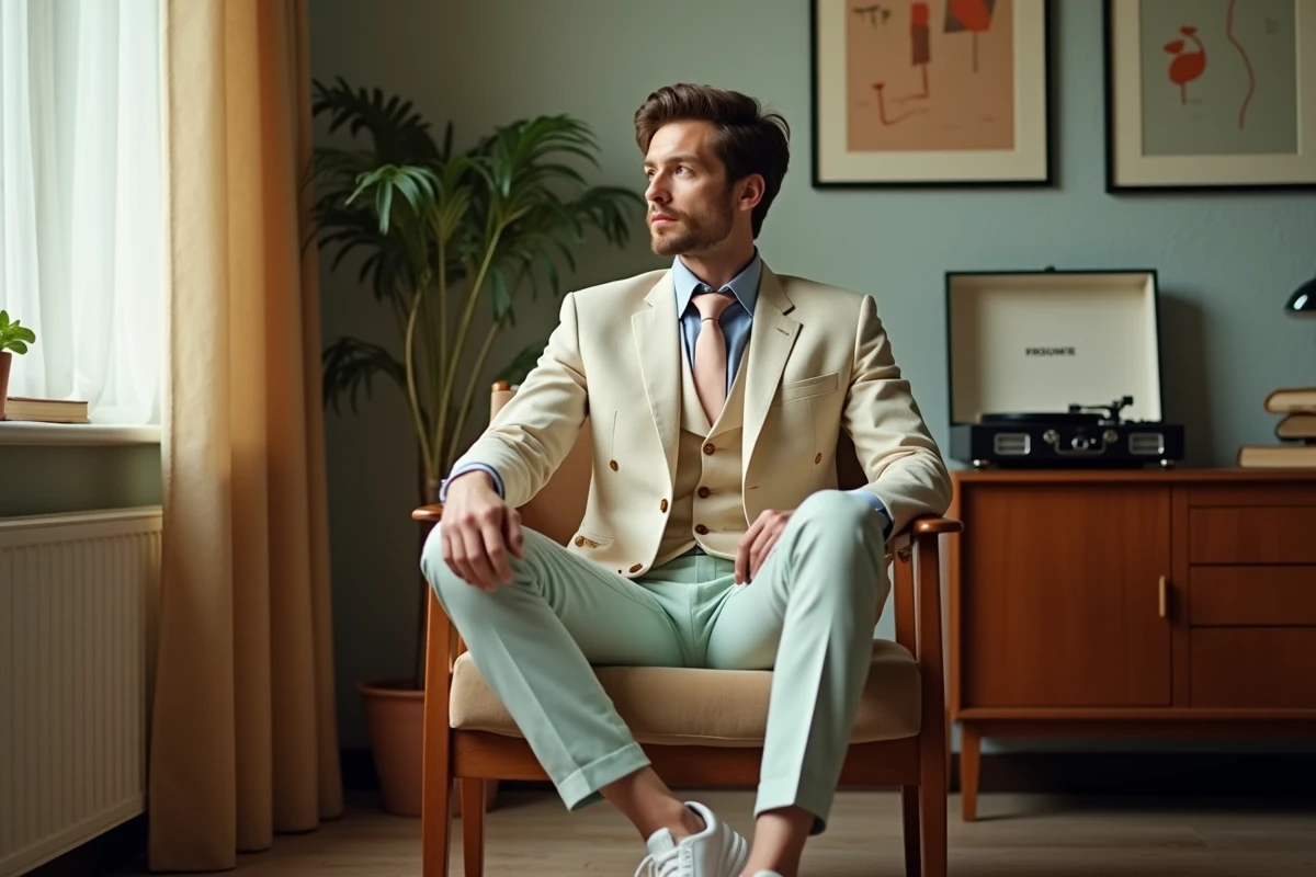 Homme en costume pastel vintage dans un intérieur cosy