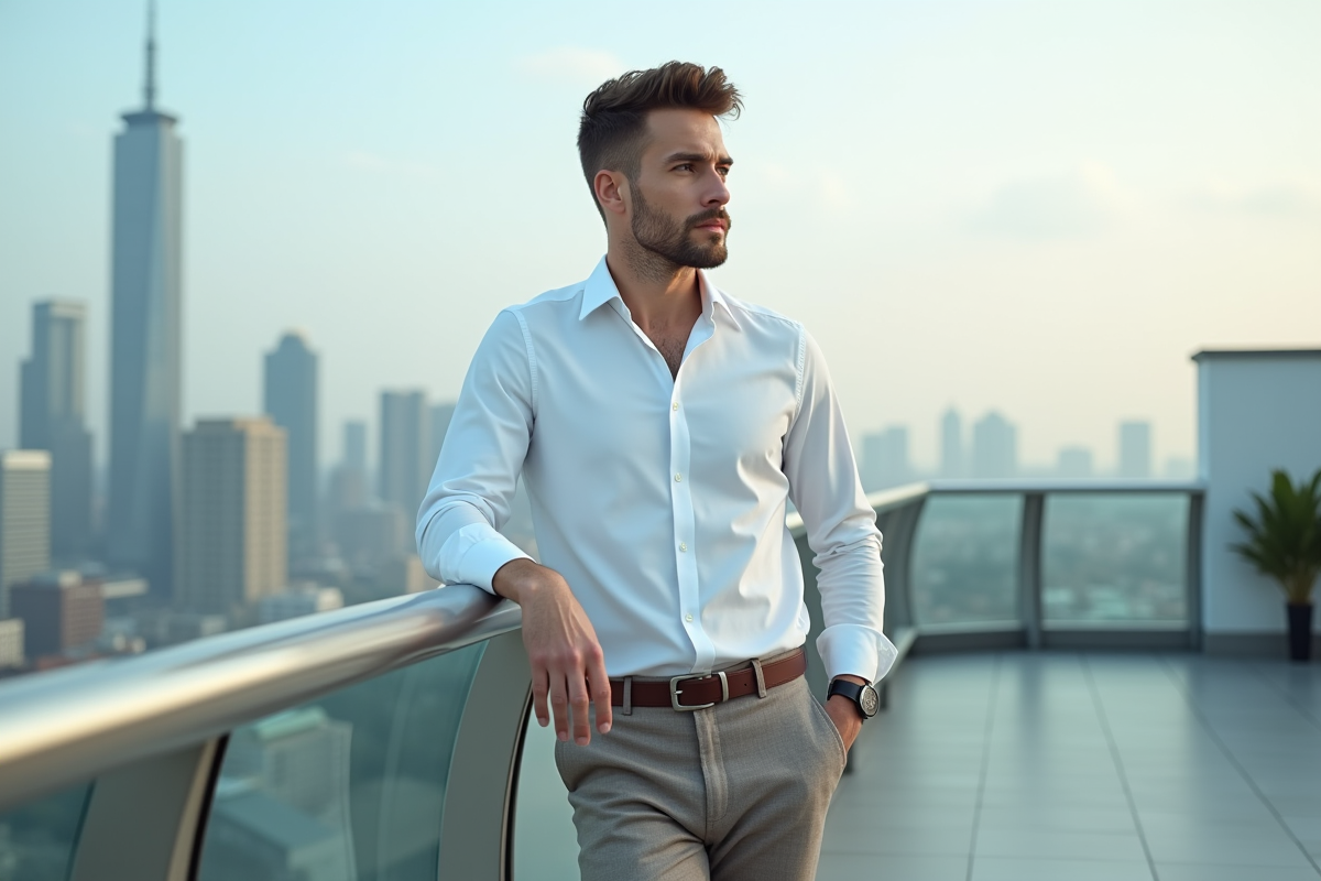 Homme confiant en chemise blanche sur terrasse urbaine