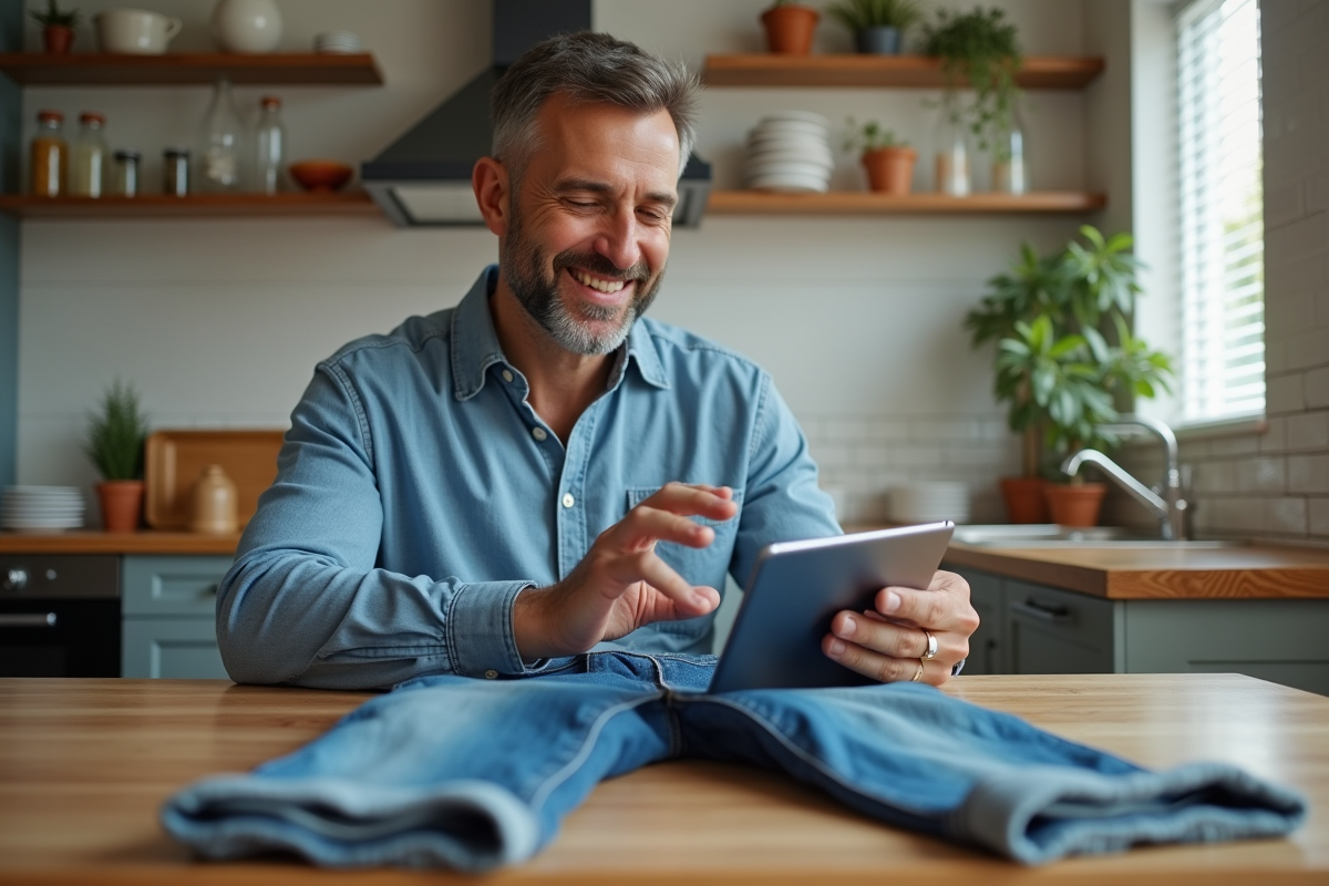 Homme souriant comparant taille de jeans avec tablette