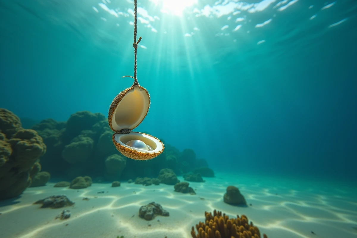 Huître perlière Pinctada margaritifera suspendue sur une ligne de culture dans le lagon de Polynésie française, illustrant le processus naturel de formation de la perle de Tahiti