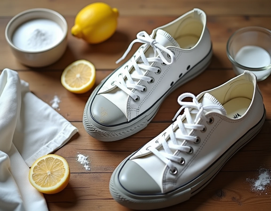 Vue de dessus des ingrédients pour nettoyer des Converse blanches avec du bicarbonate, citron et chiffon sur une table en bois