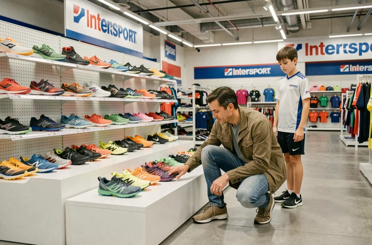 Rayon chaussures de sport de l'Intersport de Montévrain avec des baskets trail et running exposées