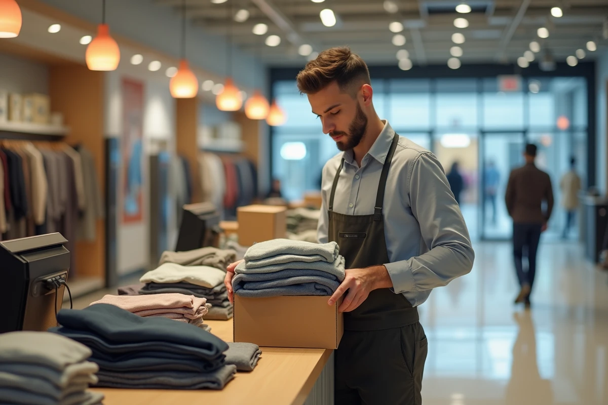Jeune employe rangeant des vetements dans un magasin vide