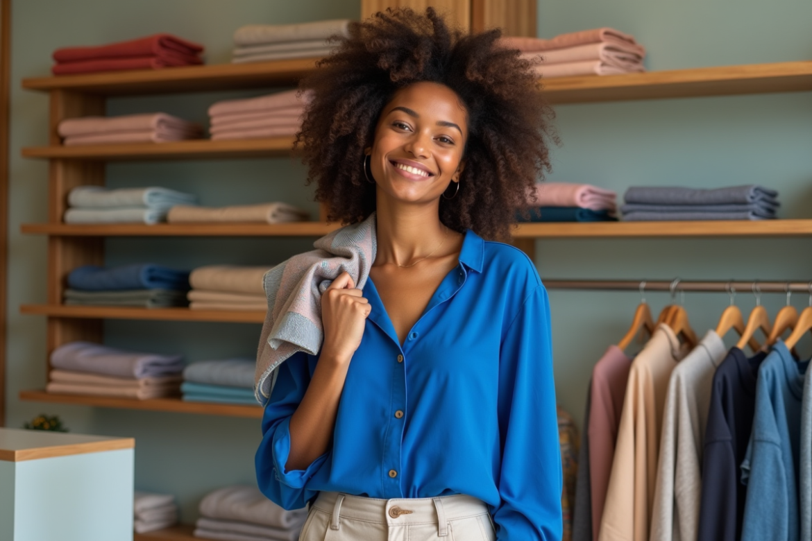 Jeune femme souriante dans une boutique moderne en blouse bleue