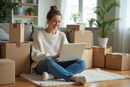 Jeune femme souriante utilisant son ordinateur dans son salon