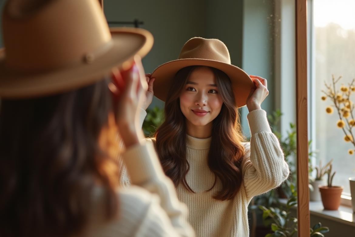 Jeune femme ajustant un grand chapeau en laine devant un miroir