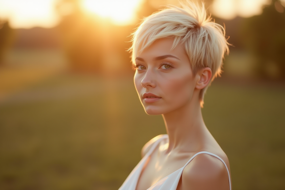 Jeune femme avec coupe pixie blonde en robe de mariée simple
