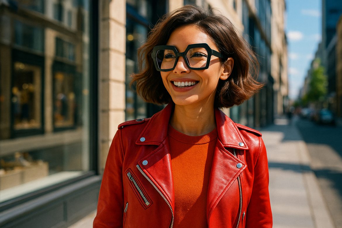 Jeune femme stylée avec lunettes géométriques dans la ville