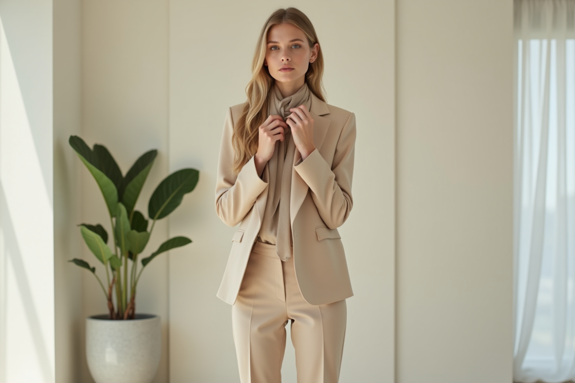 Jeune femme en pantalon beige et foulard en studio