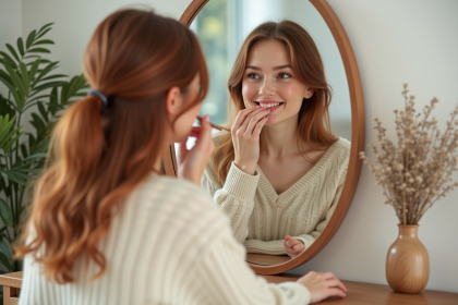 Jeune femme appliquant rouge à lèvres corail dans un miroir