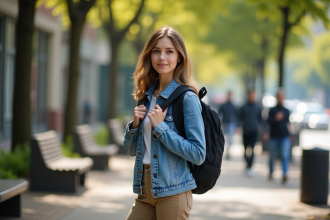 Jeune femme en ville ajustant son sac à dos moderne