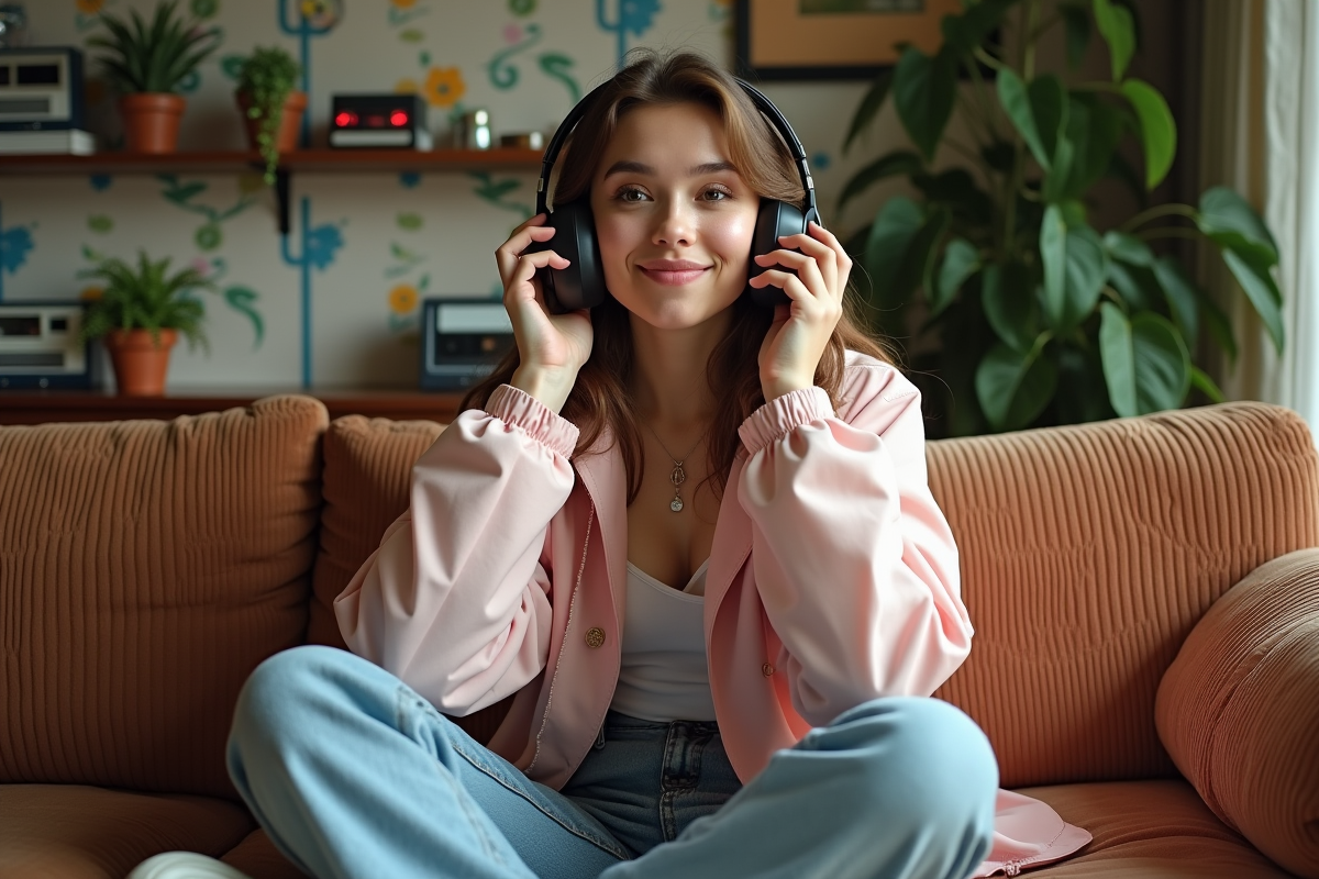 Jeune femme avec walkman dans un salon cozy