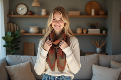 Jeune femme blonde ajustant un foulard en soie dans un salon moderne