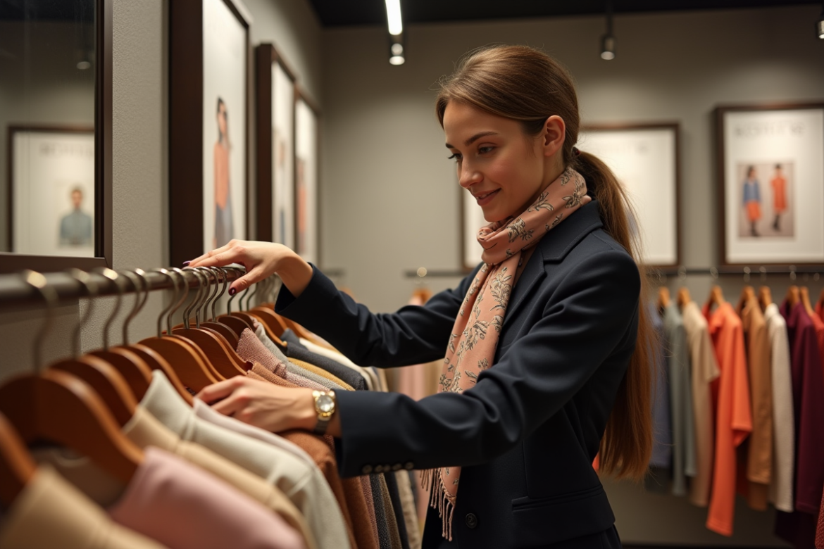 Jeune femme souriante dans un showroom de mode chic