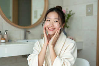 Jeune femme koreenne appliquant une essence visage