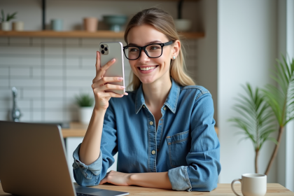 Jeune femme souriante utilisant une application de tryon virtuel pour lunettes