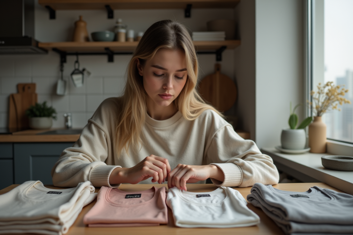 Jeune femme compare deux hauts avec etiquettes dans sa cuisine