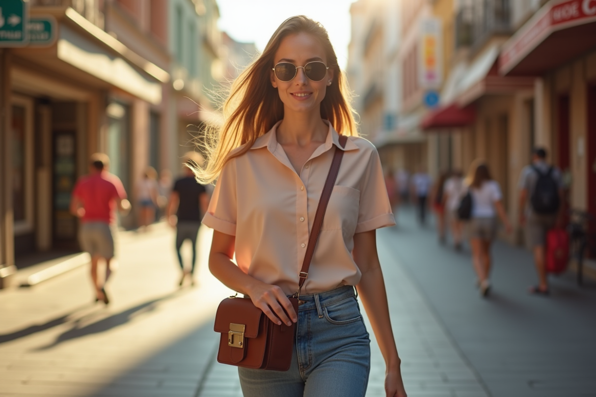 Jeune femme chic marchant en ville avec sac bandouliere