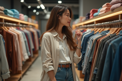 Jeune femme dans une boutique de mode regardant un rayon de vêtements