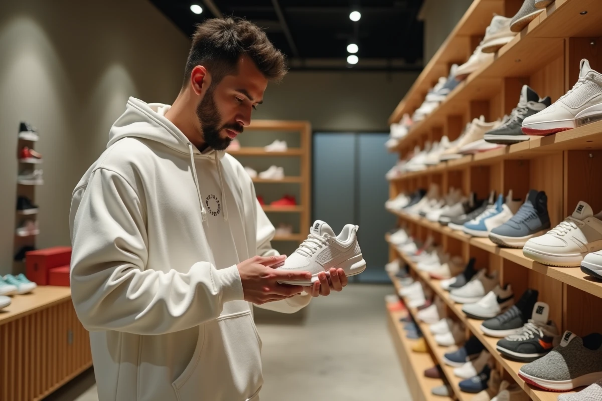 Jeune homme découvrant des sneakers dans une boutique EDS Store moderne aux étagères en bois