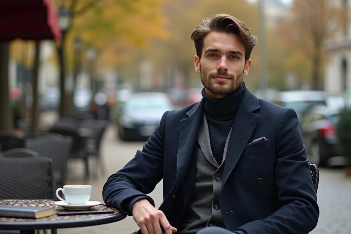Jeune homme au café parisien en automne