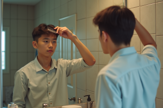 Jeune homme se coiffant devant un miroir de salle de bain