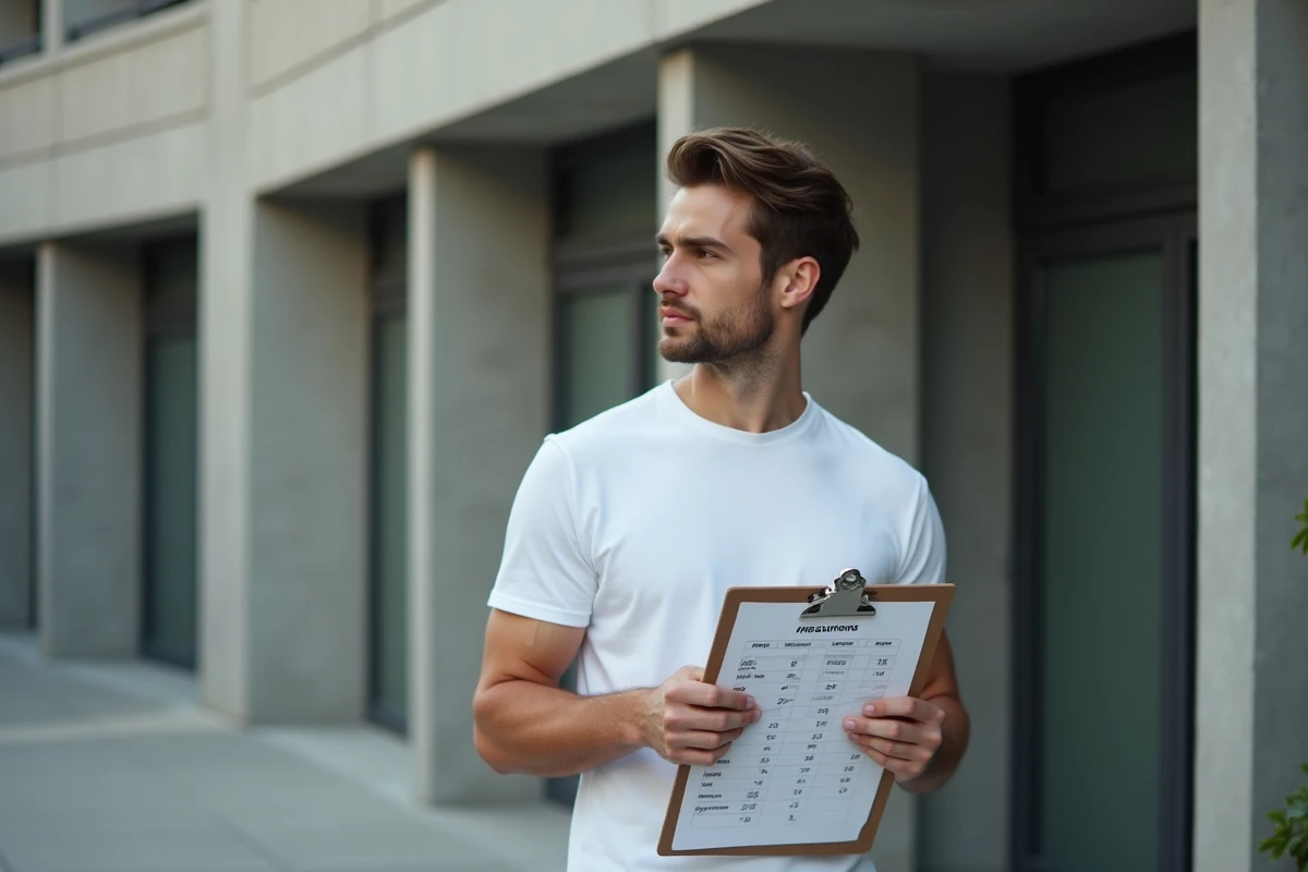 Jeune homme avec carnet de mesures en extérieur urbain