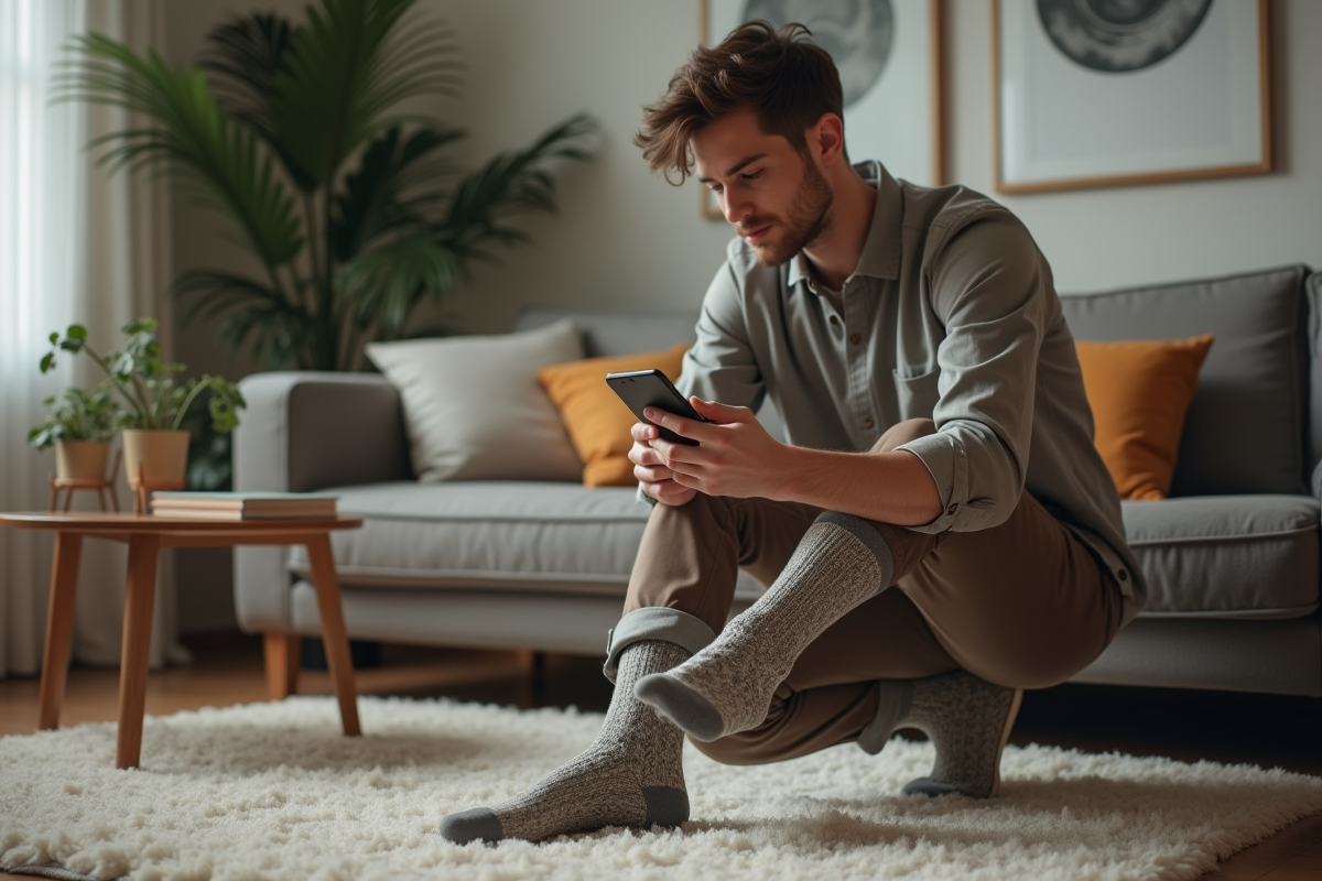 Jeune homme mettant des chaussettes en regardant son smartphone