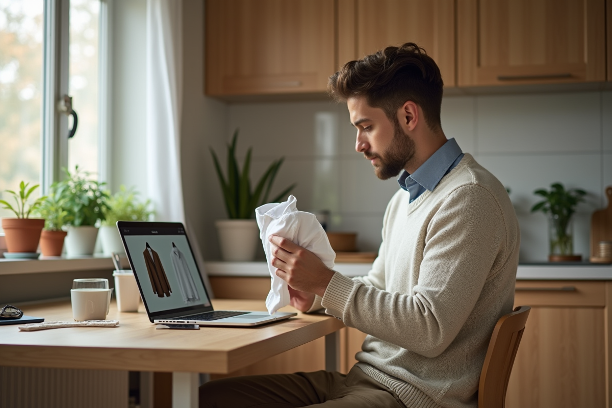 Jeune homme comparant vêtements en ligne dans sa cuisine