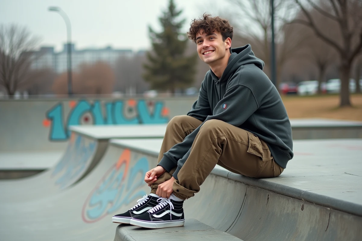 Jeune homme en streetwear assis sur un banc de skate