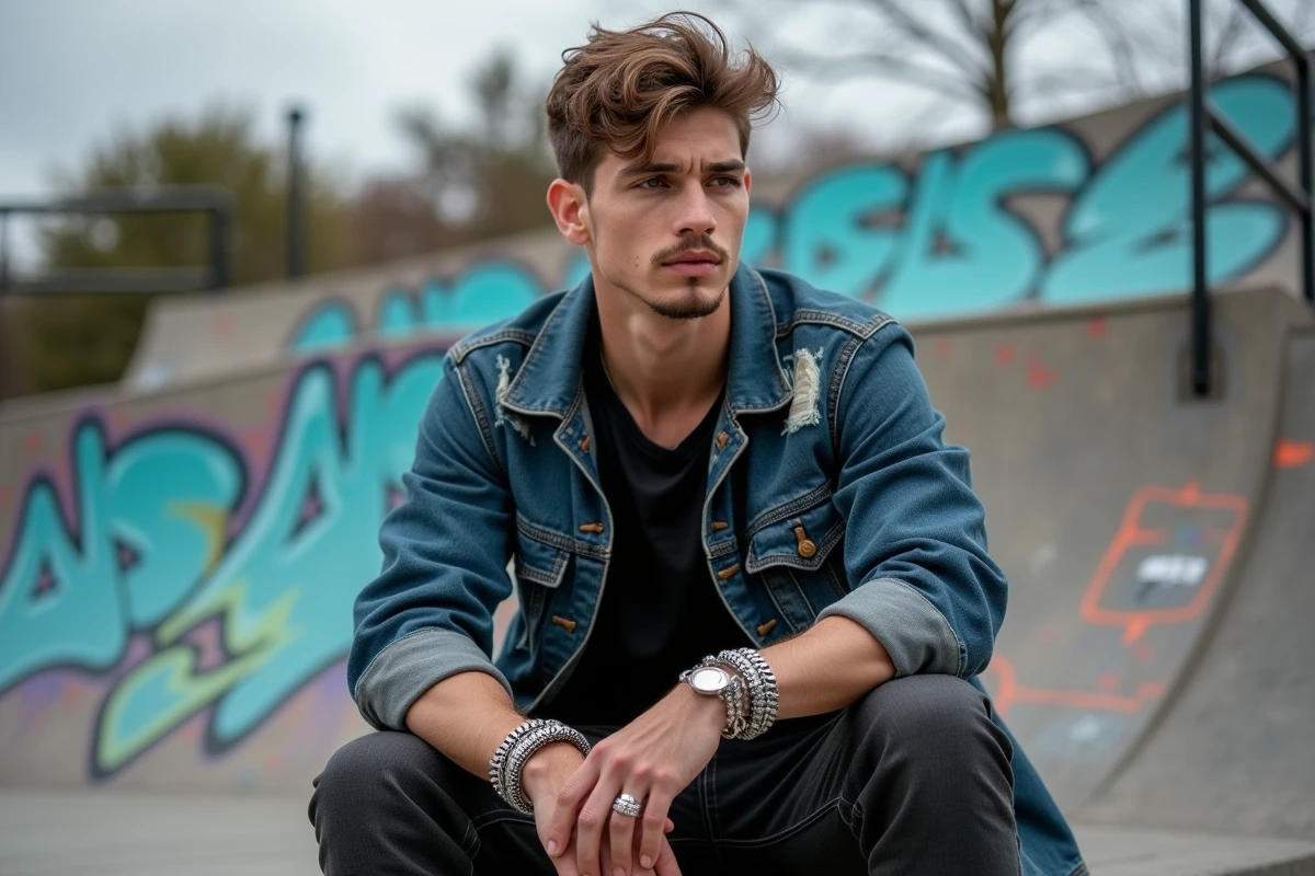 Jeune homme en streetstyle dans un skatepark urbain