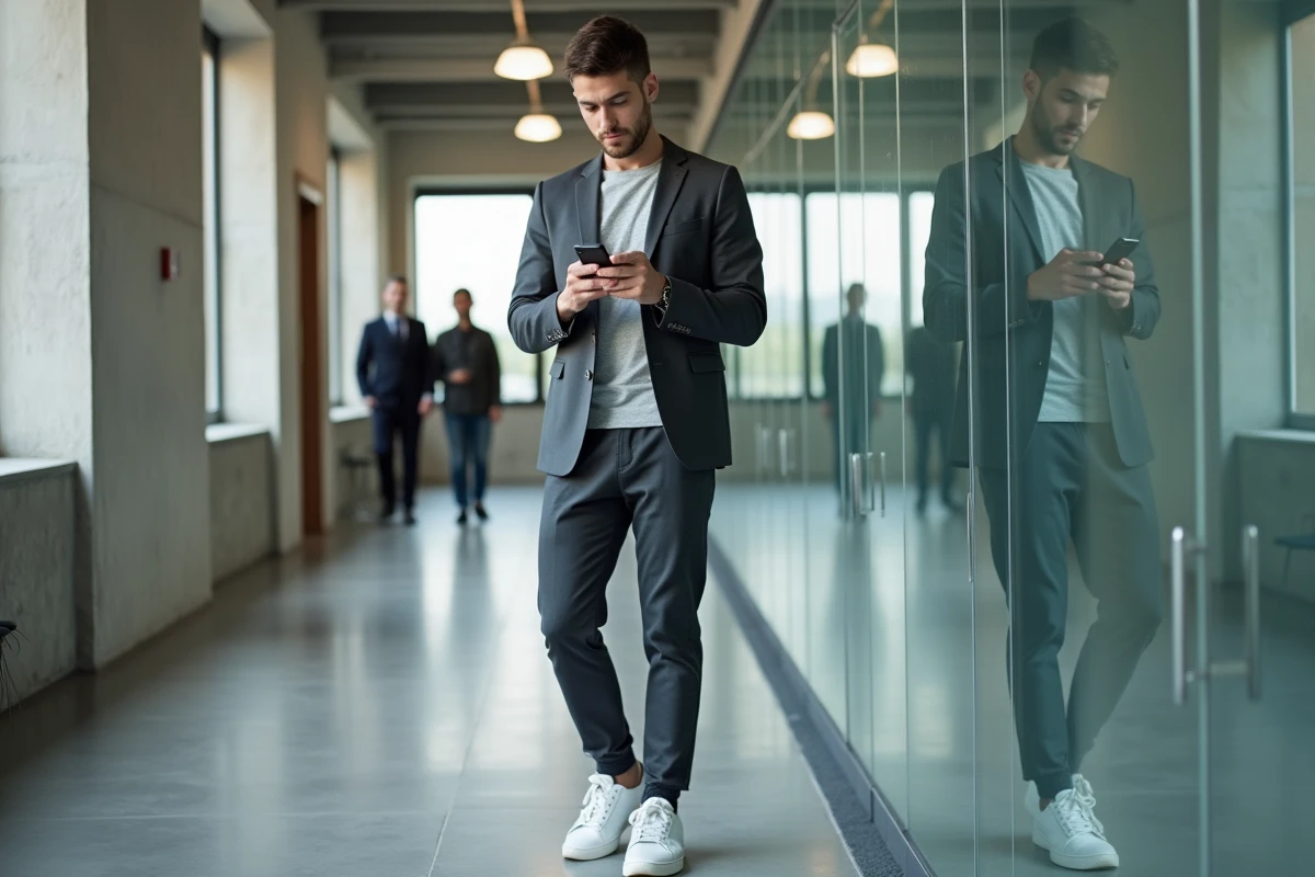 Jeune homme en costume décontracté vérifiant son téléphone