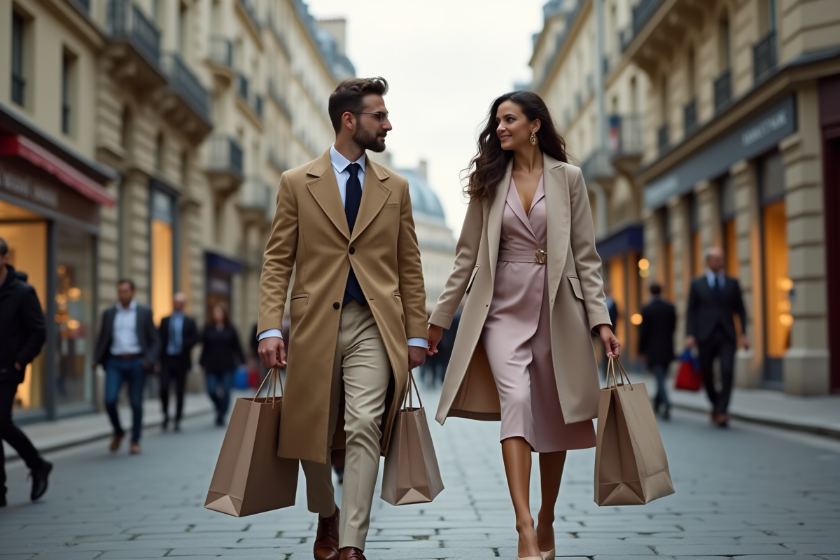 Jeunes professionnels marchant avec sacs de shopping dans Paris