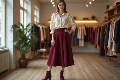 Femme portant une jupe trapèze bordeaux en laine dans une boutique parisienne, illustrant la coupe évasée et son effet flatteur sur la morphologie